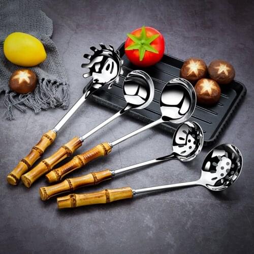 Metal Colander Stainless Steel Spoon Noodle Spoon Colander Bamboo Handle Practical Pasta Tools Soup Scoop Kitchen Accessories