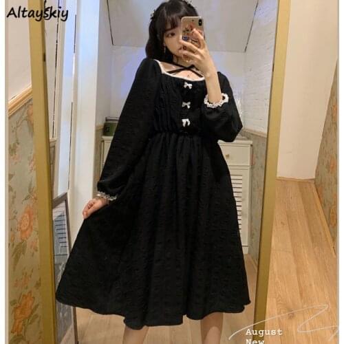 Kawaii Dresses Women Bow Lace Japanese Style Lovely High Waist Loose Square Collar Elegant Girls Leisure Chic Streetwear Female