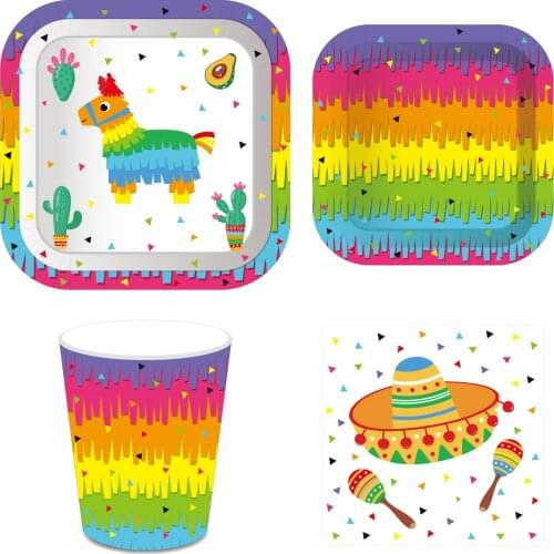 MM097 Mexico Cactus Party Theme Disposable Tableware Sets Holiday Plates Napkin Cups Mexican Party Favors Tableware Supplies