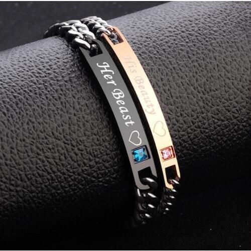 Hot Sale Rose Gold Color Crystal Couple Bracelet For Women Men His Queen Her King Black Gun Bangles Beauty Beast Hands Bracelets