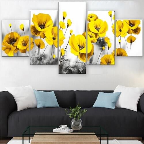 Canvas Wall Art 5 Panel Yellow Flower Landscape Prints Modular Pictures Posters Home Decor Living Room Decoration Paintings