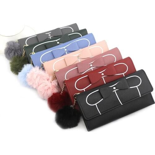 Wholesale Womens Long Wallet Solid Color Bow Furry Ball Clutch Bag Fashion Korean Style New Simple Wallet Coin Purse