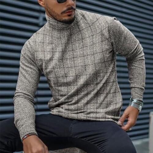 Autumn Casual Plaid Print Shirt Mens 2021 Spring Fashion Turtleneck Pullover Tops Male Long Sleeve Slim Tee Shirt Streetwear 4xl