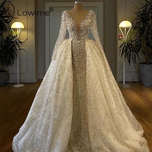 Pearls Long Sleeve Lace Mermaid Wedding Dresses with Detachable Train 2021 Sexy Illusion Overskirts Bridal Gowns Custom Made