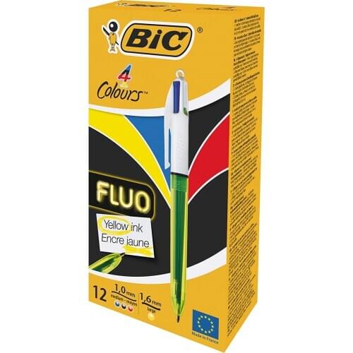 Bic 4 Colour Fluo Black/Blue/Red/Yellow, Ballpoint Highlighter Pack of 12