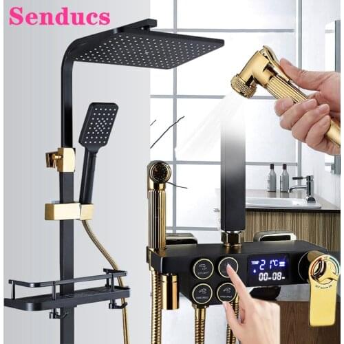Senducs Thermostatic Bathroom Shower Set Luxury Black Gold Digital Shower System Brass Bathroom Faucet Hot Cold Shower Mixer Set