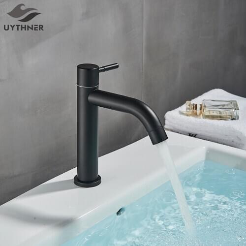 Uythner Bathroom Matte Black Basin Faucet Bath Sink Brass Faucets Single Cold Water Taps Single Handle Single Hole Washbasin Tap