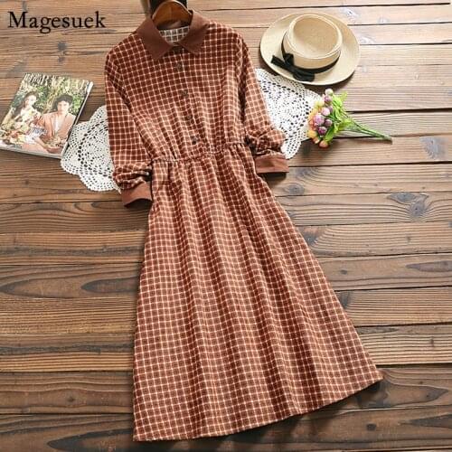 Spring Plaid Dress Women 2021 Elegant Party Button Midi Dress Female Corduroy Long Sleeve Vintage Dresses Ladies Vestidos 7424