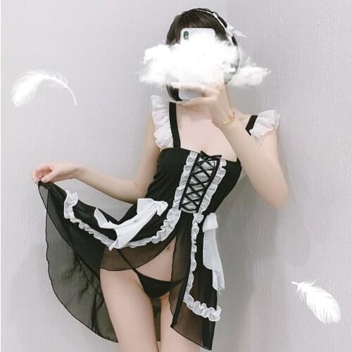 Womens Sexy Japanese Love Live Erotic Anime Cosplay Maid Apron Lingerie Outfit See Through Lace Sleepwear Sexual Clothes Black