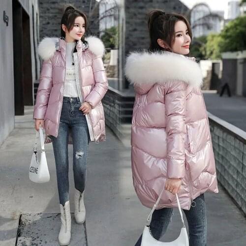 Women Padded Glossy Clothing Winter Jacket Women Big Fur Collar Snow Wear Parkas Mid-length Female Wadded Coats Hooded Outerwear