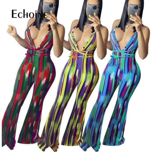 Echoine Women Summer tie dye Sexy Deep V Neck Jumpsuit Halter Off Shoulder Rompers Lace Up Club Party One Piece Fashion Outfit