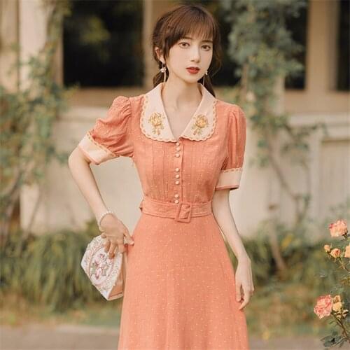 2021 Summer Women Peter pan Collar Embroidered Vintage Elegant Temperament Dress Waisted Slim Short Sleeve Belted Midi Dress