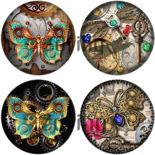 Zdying 10pcs Round Glass Cabochon Steampunk Clock Butterfly Dragonfly Pattern Dome Beads Demo Flat Back Making Jewelry Findings