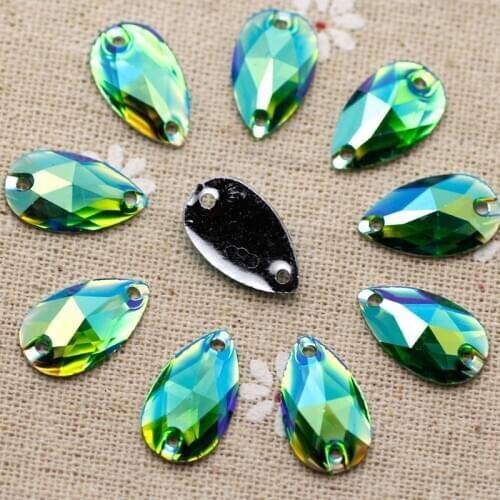 100pcs 10.5*18mm Green AB Sew on Rhinestones Waterdrop Resin Silver Flatback Droplet Sewing stones 2 holes For Dress Garment