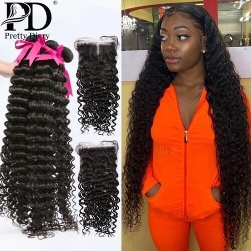 28 30 40 inch Deep Wave Hair Weave Bundles With Closure 3 4 Bundles Curly Human Hair Bundles with Closure Frontal Water Wave