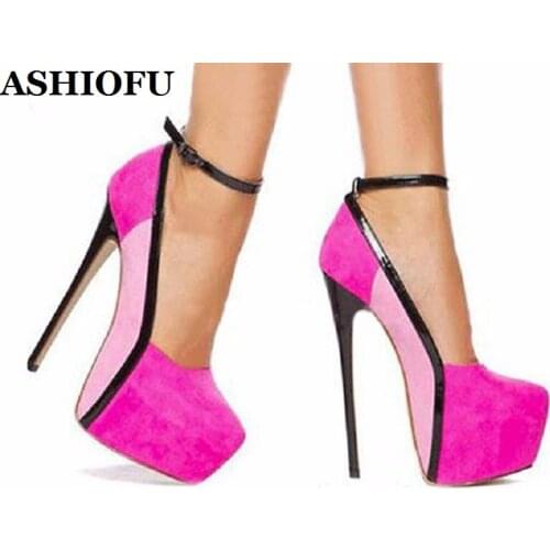ASHIOFU Handmade Women High Heel Platform Pumps Patchwork Leather Ankle Strap Party Dress Shoes Sexy Evening Fashion Court Shoes