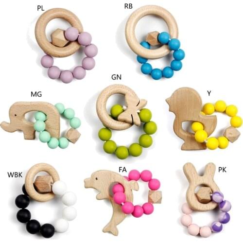 Baby Silicone Beads Teether Wooden Ring Bracelet Teething Toys Chewing Nursing Soother Molar for Newborn Infants