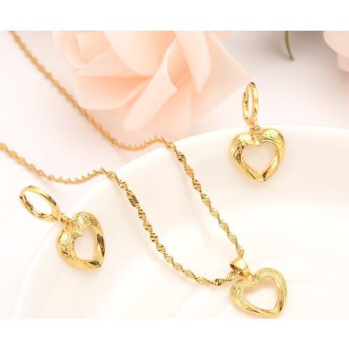 Dubai India Ethiopian Gold love heart set Jewelrysets for women Pendant Chain Earrings African Bride Wedding Bijoux girls gift