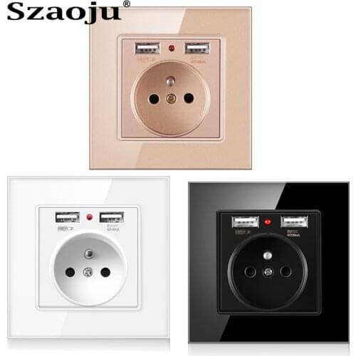 Szaoju French Standard Socket Dual USB Charger Port 16A Wall Power USB Socket Outlet White crystal glass panel AC110-250V