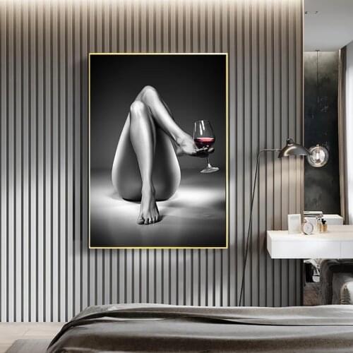 Canvas Prints Nude Woman Wine Glass Painting Black White Sexy Girl Posters Wall Art Modern Pictures for Living Room Home Decor