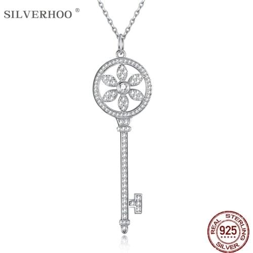 SILVERHOO Choker Necklace For Women Sterling Silver 925 Jewelry Shining 5A+ Cubic Zirconia Key Pendant Necklaces Engagement Gift