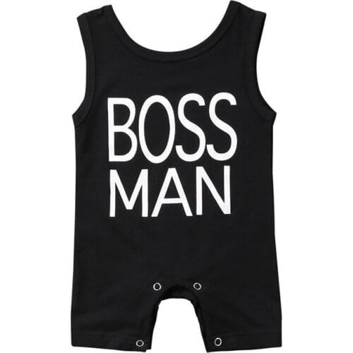 0-24M New Born Baby Clothes Boss Man Letter Print Sleeveless Romper Baby Kids Clothes Jumpsuit Baby Girls Boys Black Playsuit