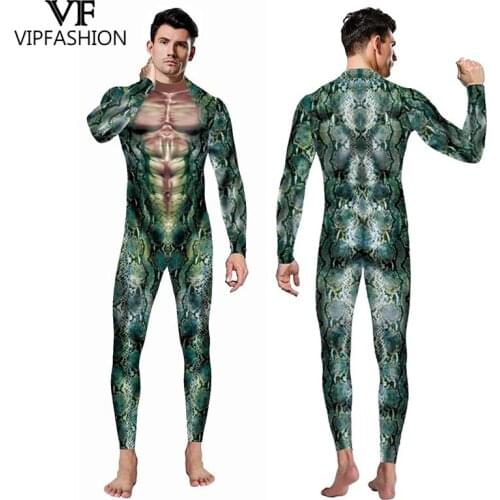 VIP FASHION Adult Sexy Men Halloween Costumes Snake 3D Printing Animal Party Zentai Catsuit Muscle Cosplay Bodysuit Jumpsuit