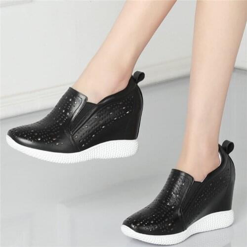 Summer Vulcanized Shoes Women Genuine Leather High Heel Fashion Sneakers Female Round Toe Platform Wedges Walking Pumps Shoes