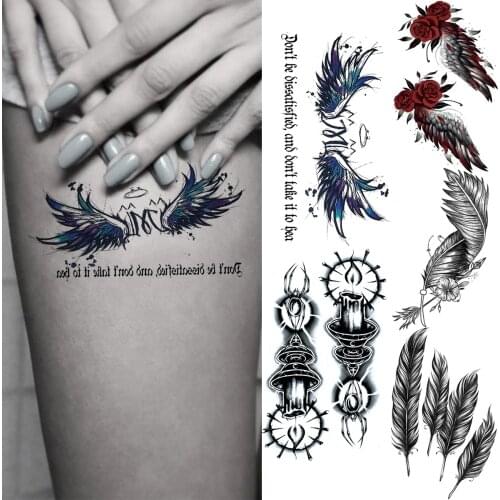 Angel Wings Letters Candle Sexy Thighs Temporary Tattoos For Women Men Feather Rose Flower Fake Tattoo Body Art Washable Tatoos