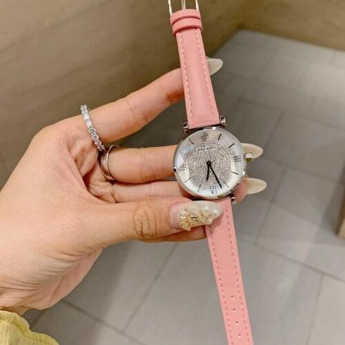 Classic Brand Designer Crystals Face Women Dress Watches Waterproof Real Leather Quartz Wrist watch 2 Hands Analog Watch Roman