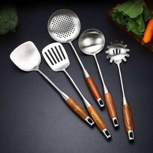 Rosewood Handle Wok Spatula Slotted Turner 304 Stainless Steel Utensil Set Kitchen Cooking Tools Dropshipping cocina utensilio