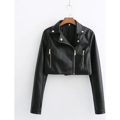 Merodi Women Autumn Vogue Moto & Biker Short Pu Jackets Female Stylish Long Sleeve Turn-Down Collar Faux Leather Outwear Chic