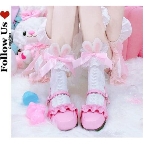 Japanese Cute Calf Socks Female Lolita Kawaii Rabbit Ears Bow Short Stockings Socks Gothic Love Halloween Piled Socks Woman