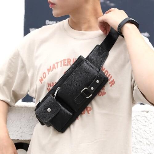 Mens Waist Packs Pu Leather Multifunction Solid Color Messenger Chest Bag Casual Sports Student Phone Bag