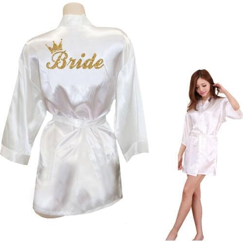 Bride Crown Team Bride Golden Glitter Print Kimono Robes Faux Silk Women Bachelorette Wedding Preparewear Free Shipping