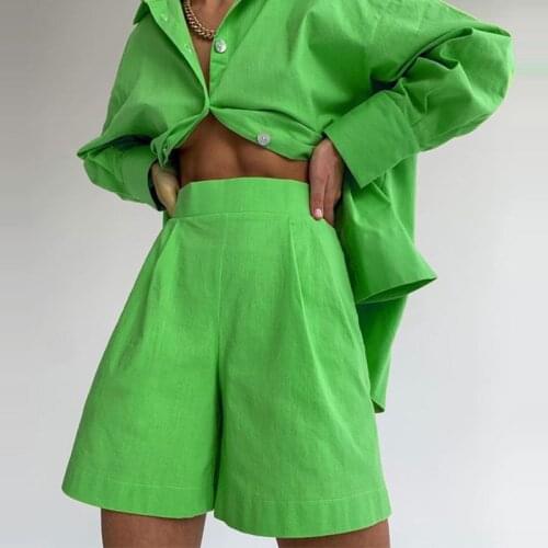 Solid Loose Women Short Pant Set Long Sleeve Button Shirt Casual Elastic Waist Shorts 2021 Summer Fashion Home Women Pant Set