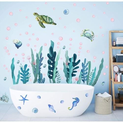 Cartoon Fish Underwater Wall Stickers for Kids Room Bathroom Home Decor Mural Waterproof Bath Turtle Seaweed Wall Decals PVC