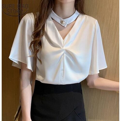 Chiffon Blouse Women 2021 Office Lady Solid Color Tops Blusas Summer New Korean Style V-neck Short Sleeve Shirt for Women 9607