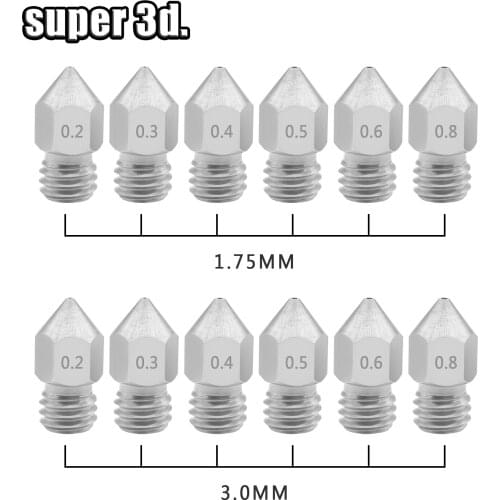 5pcs MK8 Nozzle 0.2/0.3/0.4/0.5/ 0.6/0.8mm 3D Printers Parts Extruder Threaded for 1.75/3.0mm Filament Stainless Steel Part