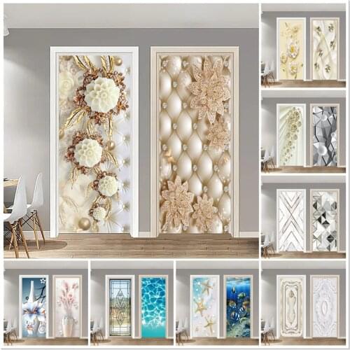 Modern Design Flower Diamond Pearls Door Sticker Poster Vinyl Self Adhesive Mural Geometry Nordic Living Room Bedroom Decoration
