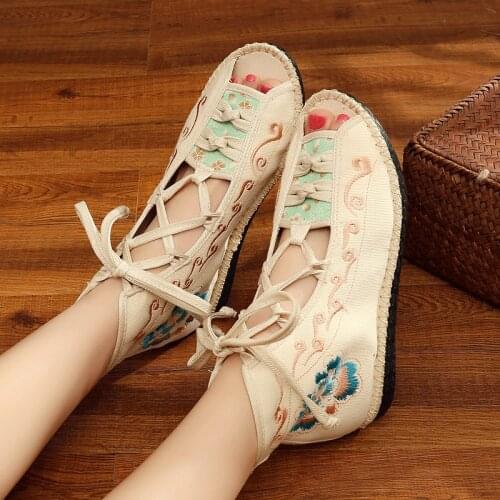 Embroidered Style Cloth Shoes Womens Flat-bottomed High-top Lace-up Ankle Boots Casual Flat-heeled Fashion Fish Mouth Sandals