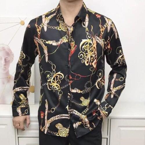 High Quality Designer Long Sleeve Party Shirt Night Club Stage Social Shirt Luxury Palace Pattern Gold Black Shirt For Men