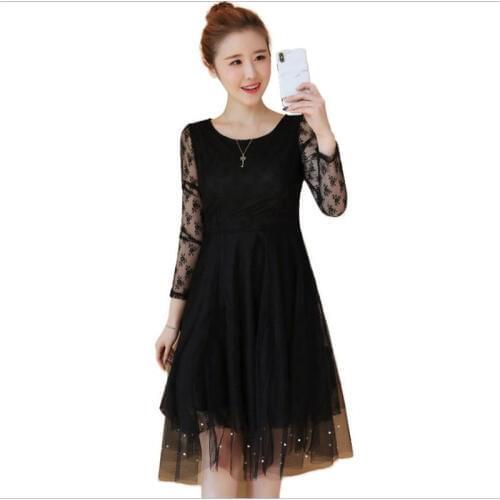 Mesh New Spring Summer Women Lace Dress 2019 Sweet Empire O-Neck Women Dress Long Sleeve Fashion Pearl Knee-Length Dress Q057