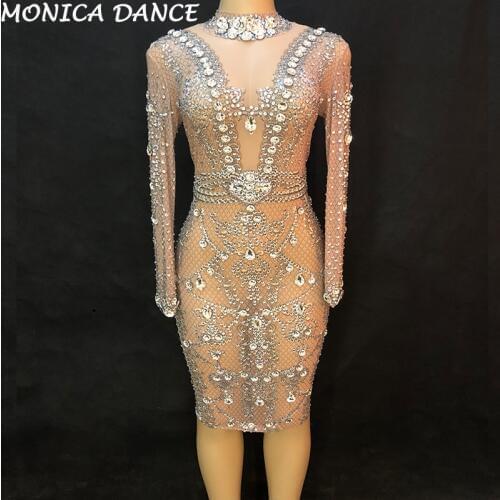 Women Sexy Stage Net Yarn Dress Big Glass Sparkling Crystal Nightclub Party Dancer Singer Stage Wear Performance Dance Costumes