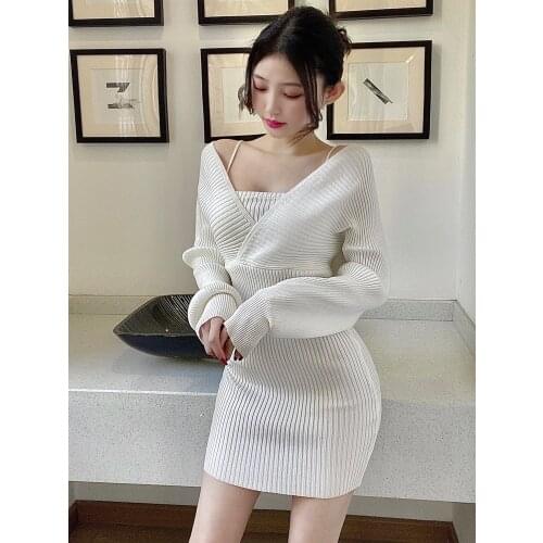 Autumn Sexy Wrap Hip Long Sleeve Grey Strapless Knitted Dress Mini Fake Two Pieces White Slim Wild Fashion Vestido Feminino