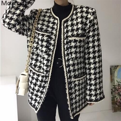Korean Vintage Houndstooth Tweed Coat Jacekt Women 2021 O-neck Belted Pockets Tops Elegant Ladies Fashion Coat Femme