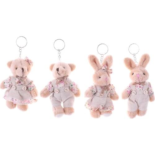 1 Pair 11Cm Couple Bear Rabbit Plush Keychain Floral Cloth Bear Rabbit Bunny Dolls Key Bag Pendants Lovers Friends Gift