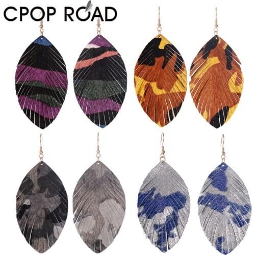 Cpop Genuine Leather Earrings Bohemia Feather Dangle Earring Multi Patterned Personality Jewelry Accessorie Big Fashion Dangler