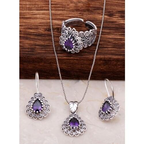 Filigree Embroidered Amethyst Gemstone Silver Drop Set 1889Hand Made Silver Jewellery Set