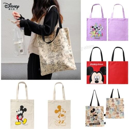 Disney Tote Bag for Women Girl Mickey Mouse Canvas Shopping Bag Reusable Handbag Cartoon Floral Shoulder Bag Female Travel Bag